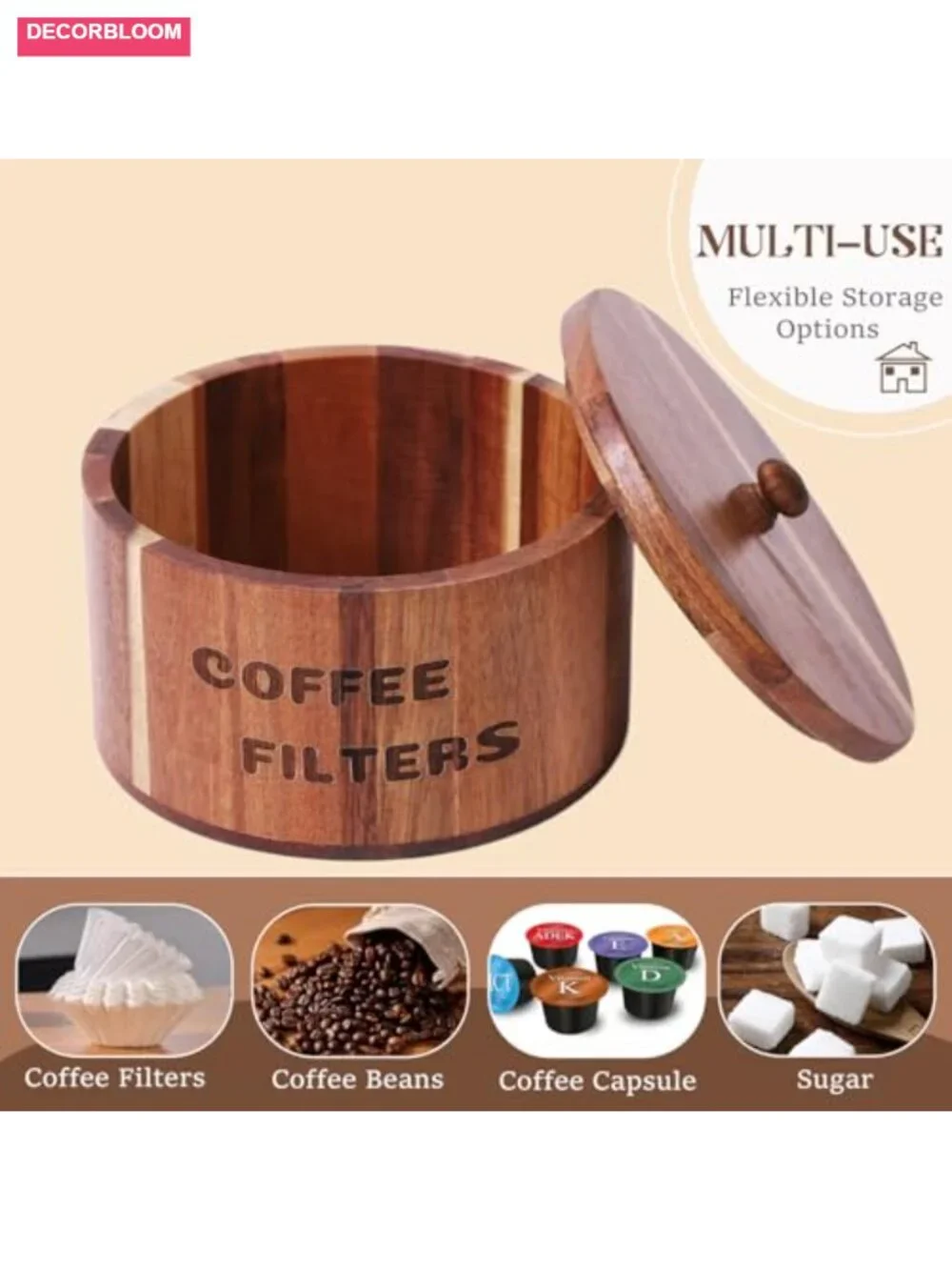 Acacia Wood Coffee Filter Holder with Lid - Rustic Kitchen Counter Organizer &